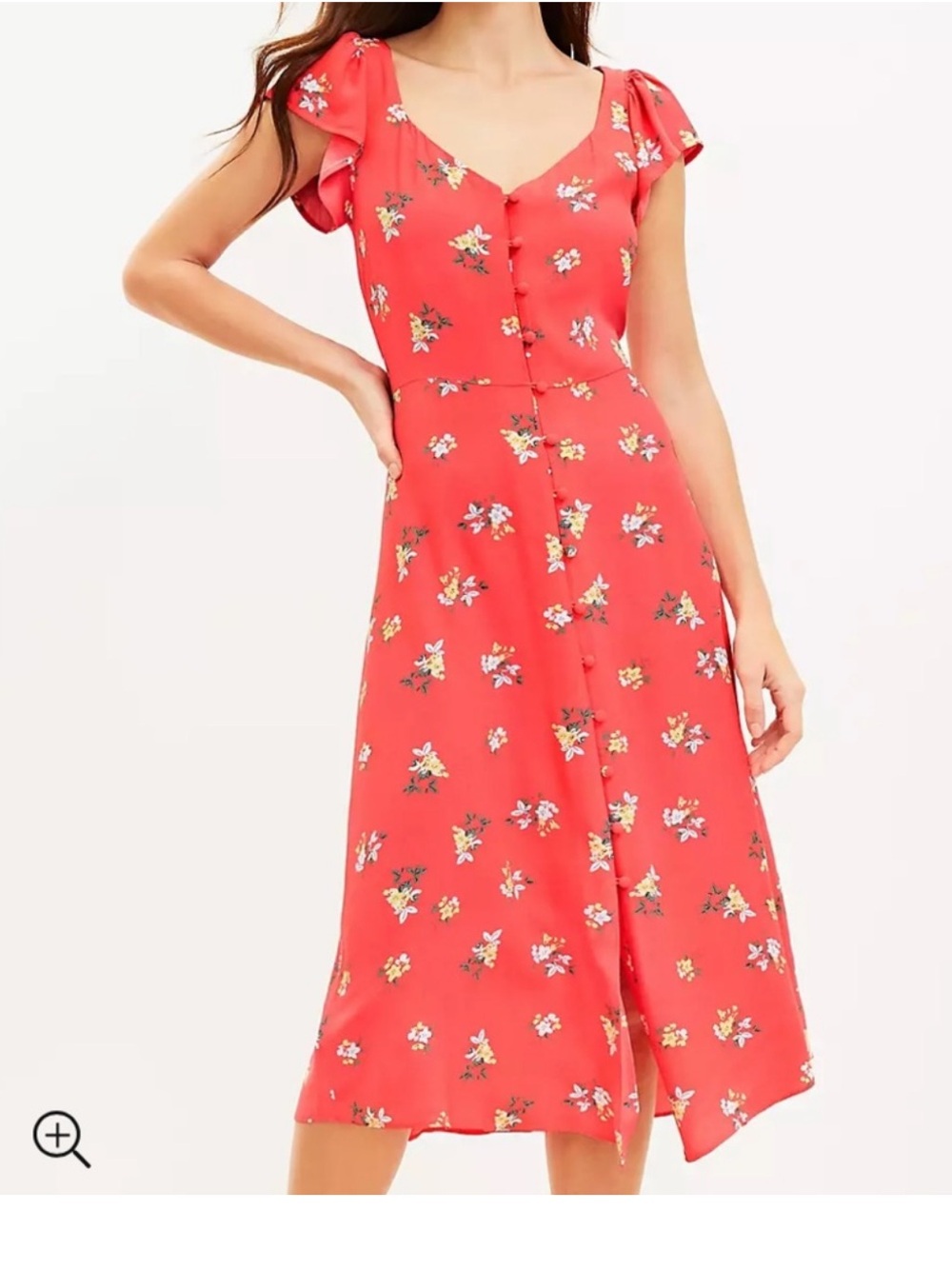 LOFT Coral Floral Button-Front Midi Dress